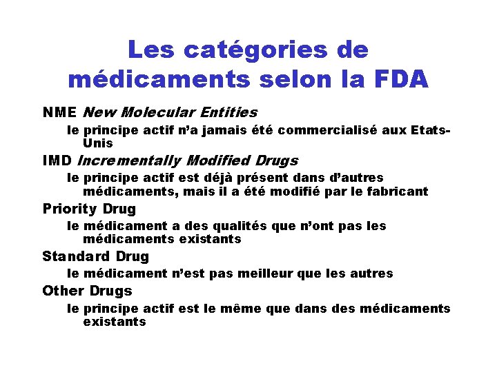 Les catégories de médicaments selon la FDA NME New Molecular Entities le principe actif