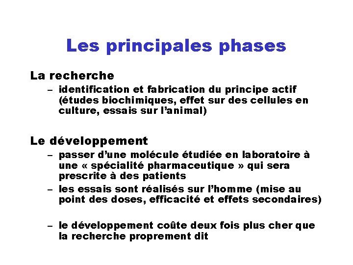 Les principales phases La recherche – identification et fabrication du principe actif (études biochimiques,