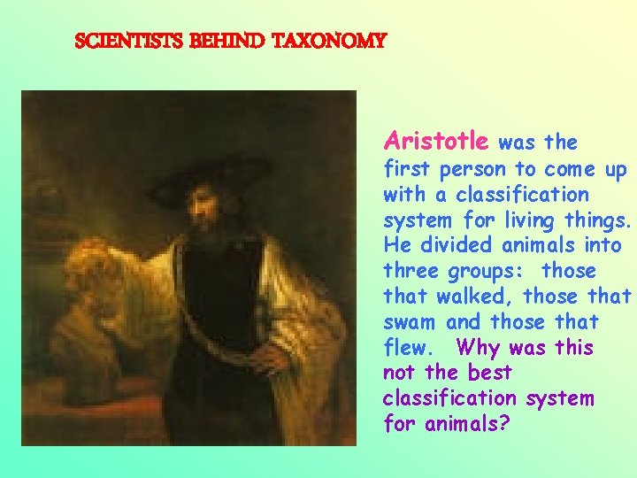SCIENTISTS BEHIND TAXONOMY Aristotle was the first person to come up with a classification