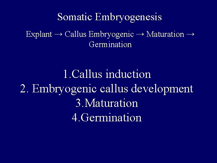 Somatic Embryogenesis Explant → Callus Embryogenic → Maturation → Germination 1. Callus induction 2. Somatic Embryogenesis Explant → Callus Embryogenic → Maturation → Germination 1. Callus induction 2.