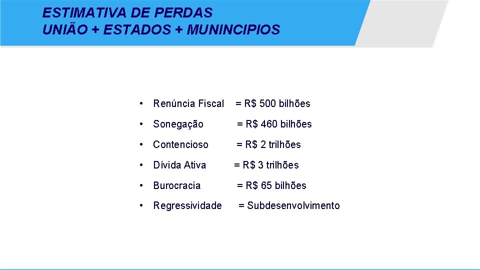 ESTIMATIVA DE PERDAS UNIÃO + ESTADOS + MUNINCIPIOS • Renúncia Fiscal = R$ 500