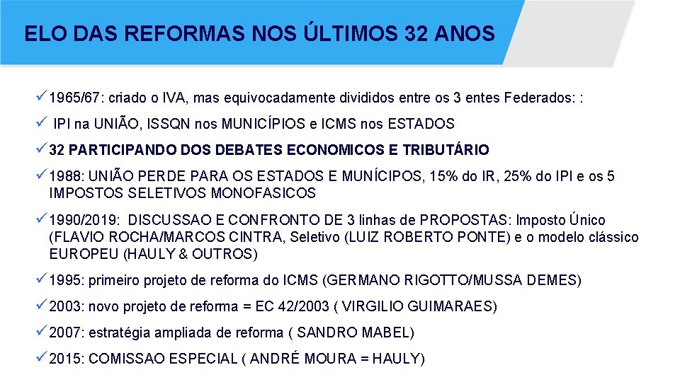 ELO DAS REFORMAS NOS ÚLTIMOS 32 ANOS ü 1965/67: criado o IVA, mas equivocadamente