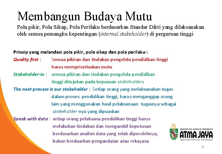 Membangun Budaya Mutu Pola pikir, Pola Sikap, Pola Perilaku berdasarkan Standar Dikti yang dilaksanakan