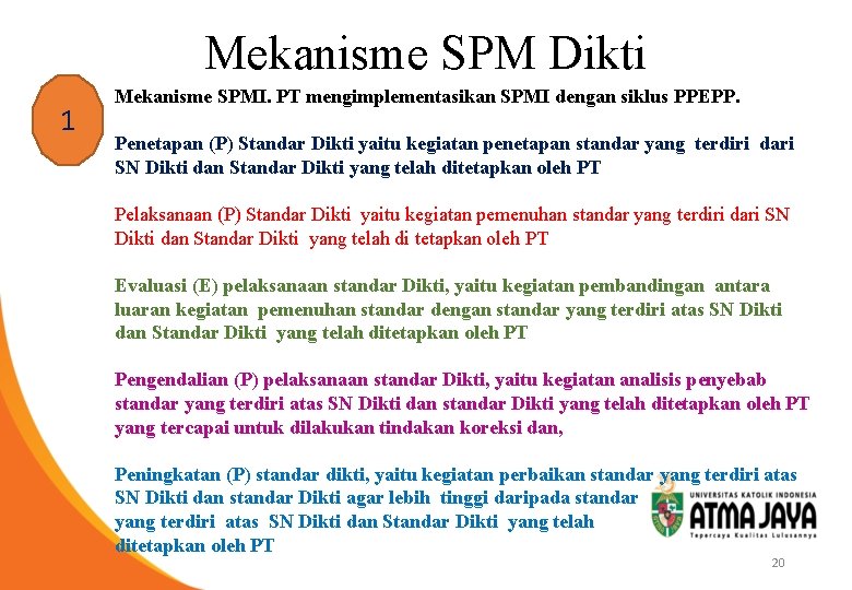 Mekanisme SPM Dikti 1 Mekanisme SPMI. PT mengimplementasikan SPMI dengan siklus PPEPP. Penetapan (P)