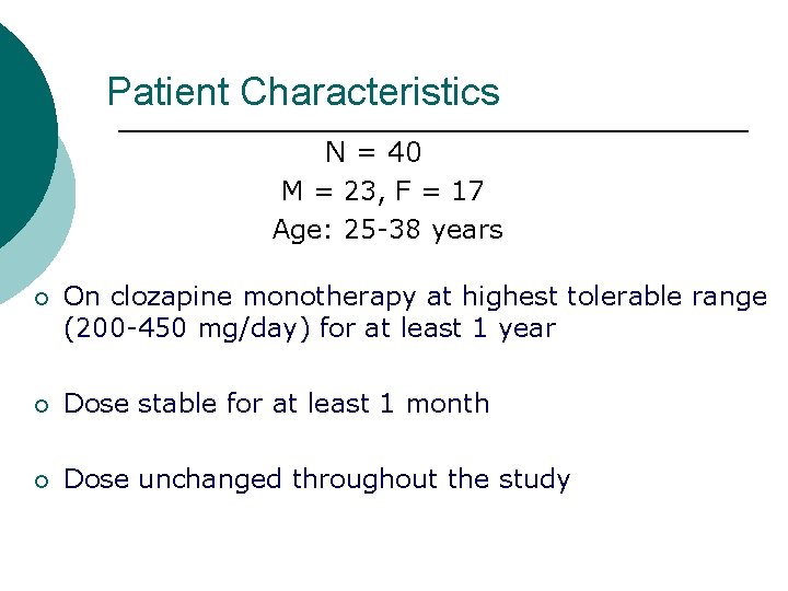 Patient Characteristics N = 40 M = 23, F = 17 Age: 25 -38