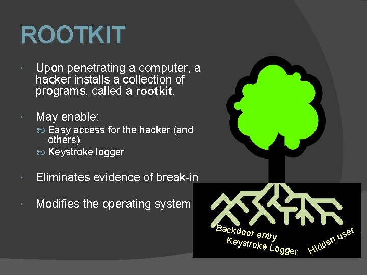 ROOTKIT Upon penetrating a computer, a hacker installs a collection of programs, called a