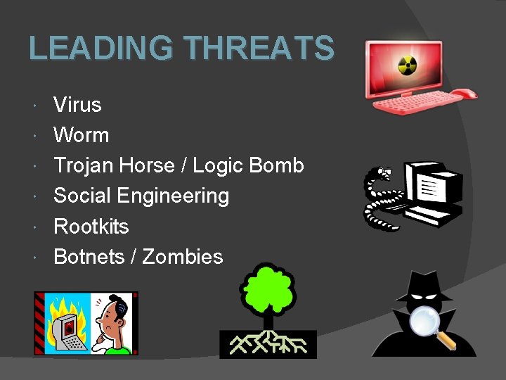 LEADING THREATS Virus Worm Trojan Horse / Logic Bomb Social Engineering Rootkits Botnets /