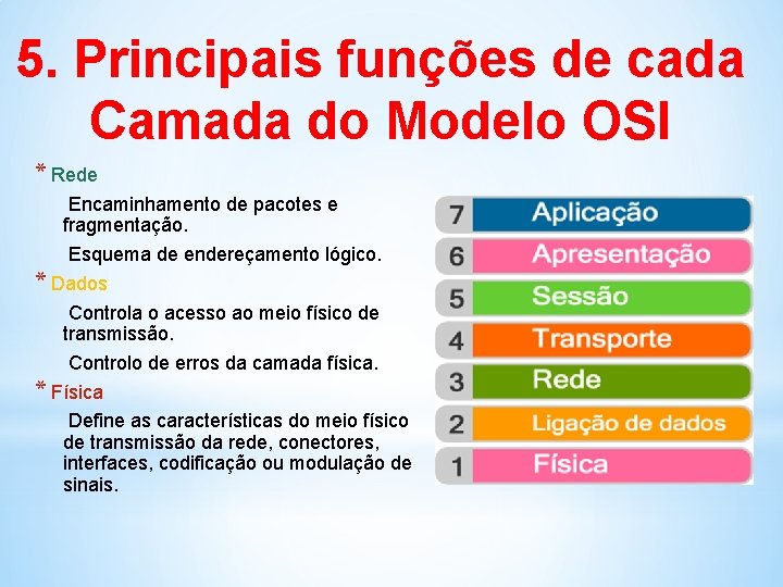 5. Principais funções de cada Camada do Modelo OSI * Rede Encaminhamento de pacotes