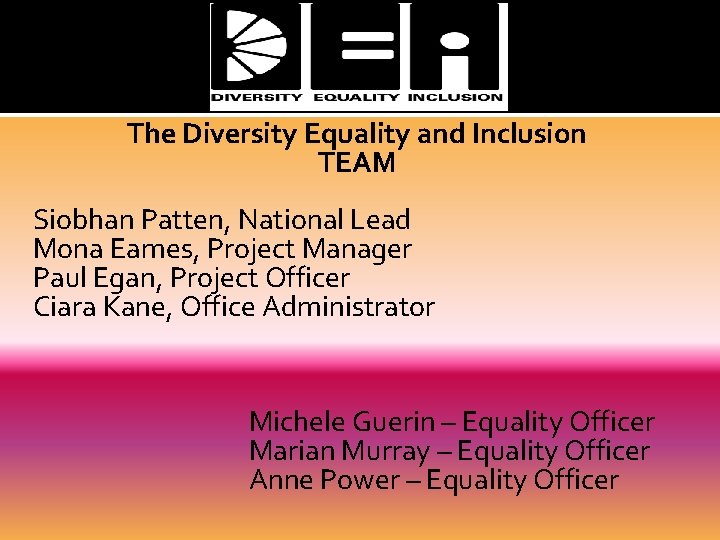 The Diversity Equality and Inclusion TEAM Siobhan Patten, National Lead Mona Eames, Project Manager
