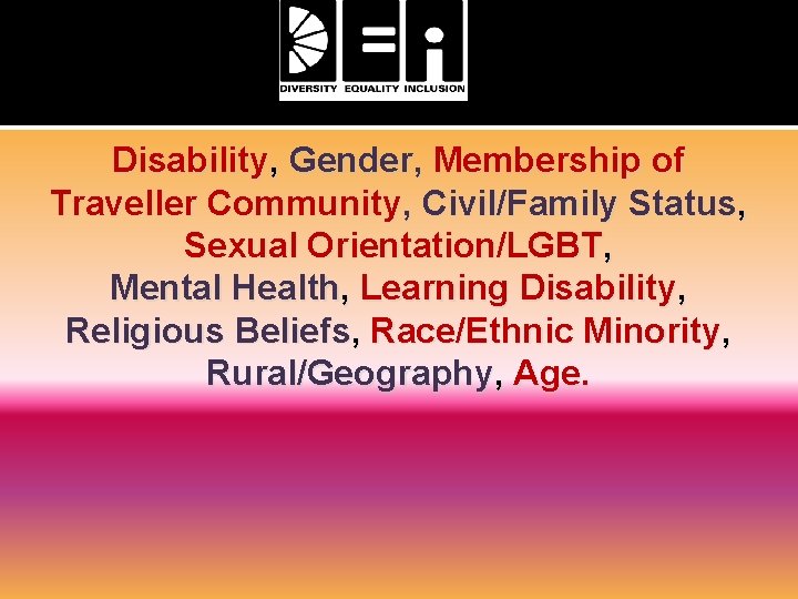 Disability, Gender, Membership of Traveller Community, Civil/Family Status, Sexual Orientation/LGBT, Mental Health, Learning Disability,