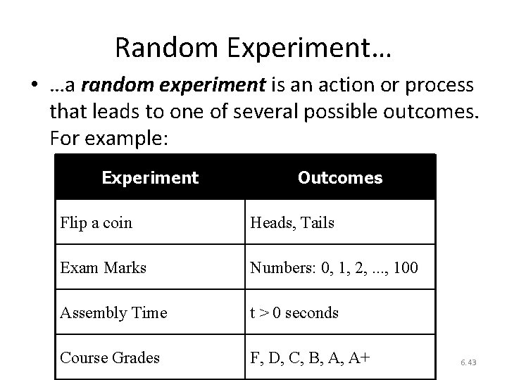 Random Experiment… • …a random experiment is an action or process that leads to