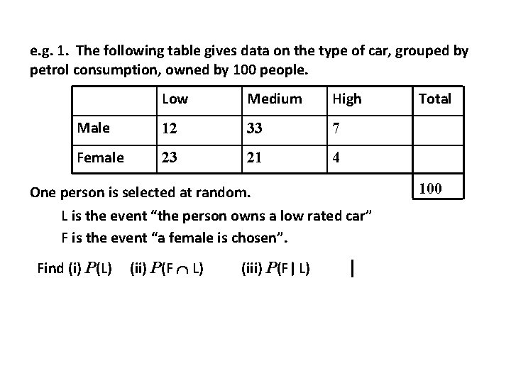 e. g. 1. The following table gives data on the type of car, grouped