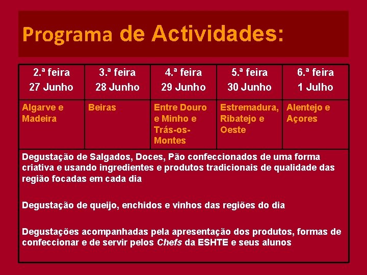 Programa de Actividades: 2. ª feira 27 Junho Algarve e Madeira 3. ª feira