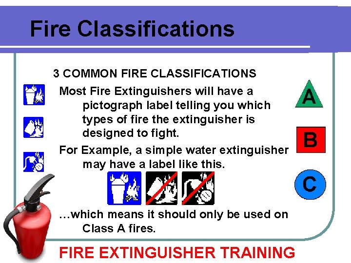 Fire Classifications 3 COMMON FIRE CLASSIFICATIONS Most Fire Extinguishers will have a pictograph label Fire Classifications 3 COMMON FIRE CLASSIFICATIONS Most Fire Extinguishers will have a pictograph label
