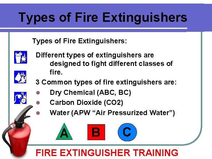 Types of Fire Extinguishers: Different types of extinguishers are designed to fight different classes Types of Fire Extinguishers: Different types of extinguishers are designed to fight different classes