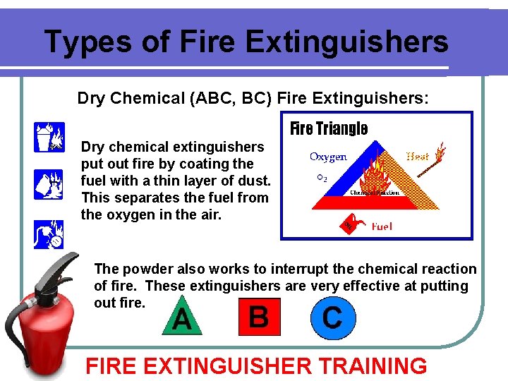 Types of Fire Extinguishers Dry Chemical (ABC, BC) Fire Extinguishers: Dry chemical extinguishers put Types of Fire Extinguishers Dry Chemical (ABC, BC) Fire Extinguishers: Dry chemical extinguishers put