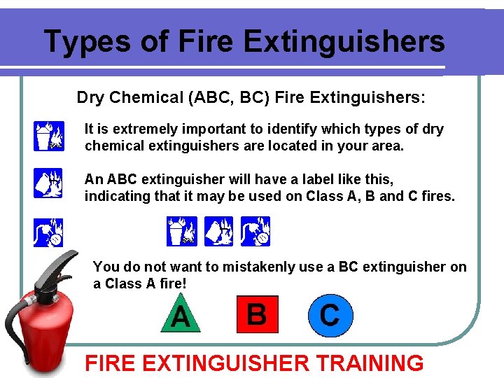 Types of Fire Extinguishers Dry Chemical (ABC, BC) Fire Extinguishers: It is extremely important Types of Fire Extinguishers Dry Chemical (ABC, BC) Fire Extinguishers: It is extremely important