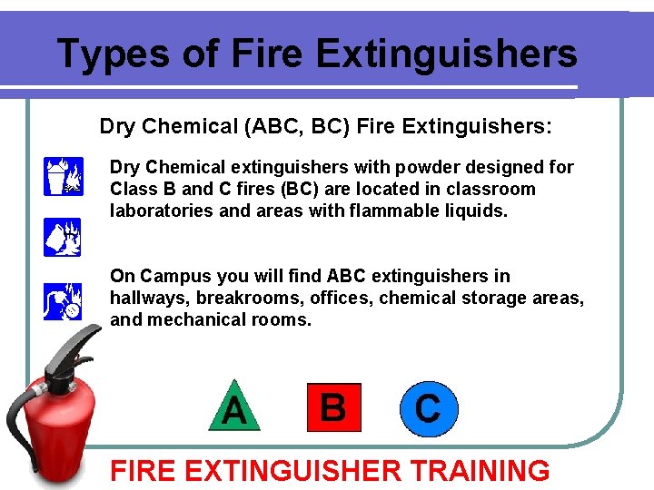 Types of Fire Extinguishers Dry Chemical (ABC, BC) Fire Extinguishers: Dry Chemical extinguishers with Types of Fire Extinguishers Dry Chemical (ABC, BC) Fire Extinguishers: Dry Chemical extinguishers with