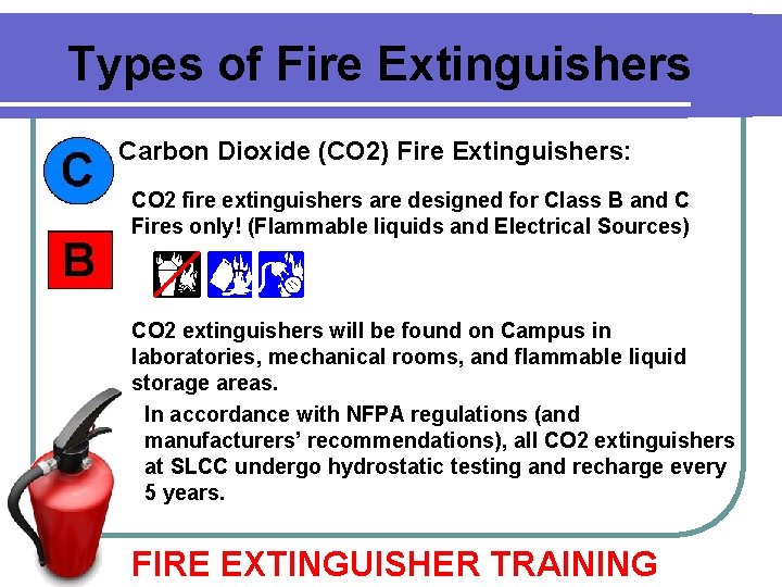 Types of Fire Extinguishers Carbon Dioxide (CO 2) Fire Extinguishers: CO 2 fire extinguishers Types of Fire Extinguishers Carbon Dioxide (CO 2) Fire Extinguishers: CO 2 fire extinguishers