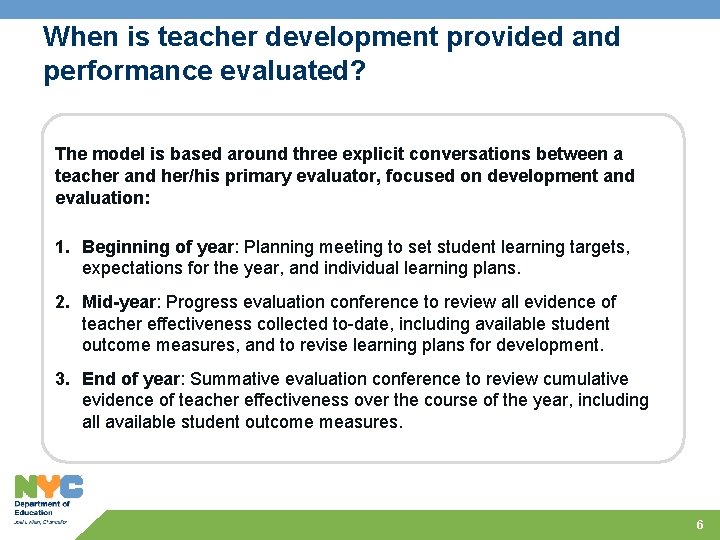 When is teacher development provided and performance evaluated? The model is based around three