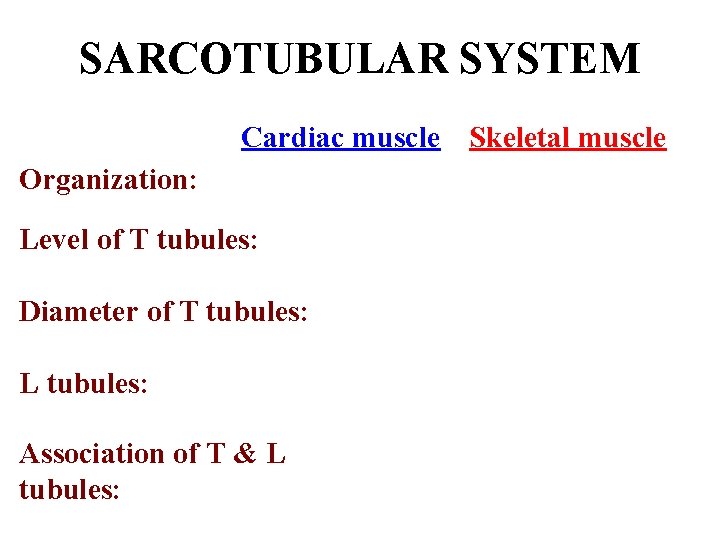SARCOTUBULAR SYSTEM Cardiac muscle Skeletal muscle Organization: Level of T tubules: Diameter of T