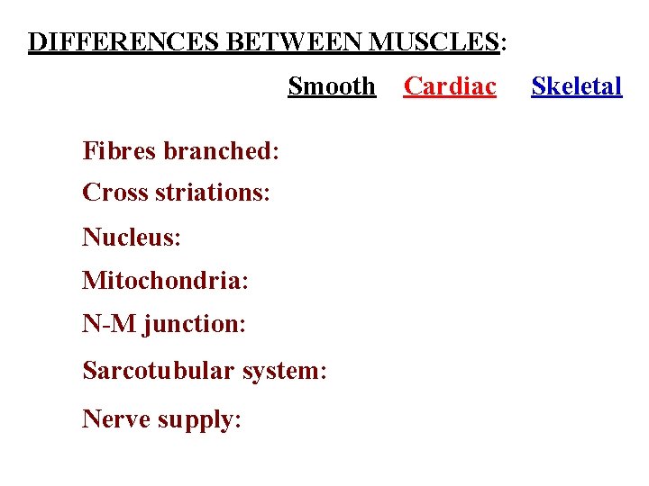 DIFFERENCES BETWEEN MUSCLES: Smooth Fibres branched: Cross striations: Nucleus: Mitochondria: N-M junction: Sarcotubular system: