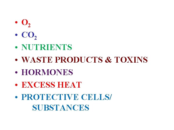  • • O 2 CO 2 NUTRIENTS WASTE PRODUCTS & TOXINS HORMONES EXCESS