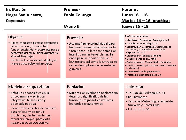 Institución Hogar San Vicente, Coyoacán Profesor Paola Colunga Grupo B Horarios Lunes 16 –