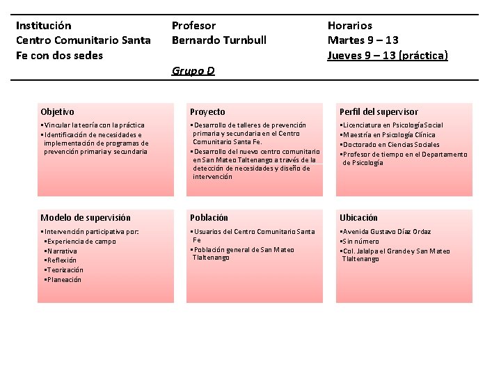 Institución Centro Comunitario Santa Fe con dos sedes Profesor Bernardo Turnbull Grupo D Horarios