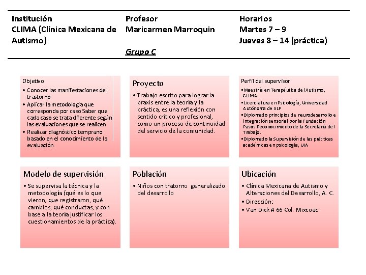Institución Profesor CLIMA (Clínica Mexicana de Maricarmen Marroquin Autismo) Grupo C Horarios Martes 7