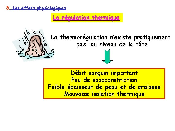 3. Les effets physiologiques La régulation thermique La thermorégulation n’existe pratiquement pas au niveau