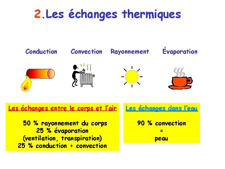 2. Les échanges thermiques Conduction Convection Rayonnement Évaporation Les échanges entre le corps et