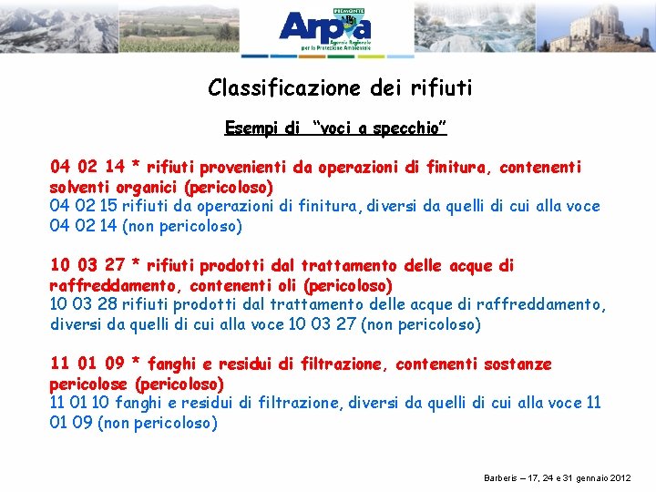 Classificazione dei rifiuti Esempi di “voci a specchio” 04 02 14 * rifiuti provenienti