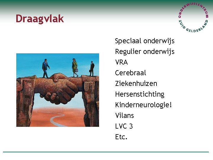 Draagvlak Speciaal onderwijs Regulier onderwijs VRA Cerebraal Ziekenhuizen Hersenstichting Kinderneurologie! Vilans LVC 3 Etc.