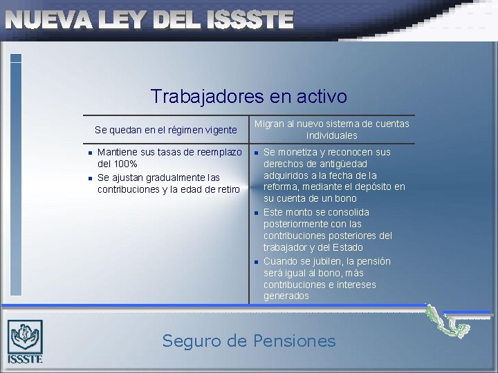 Trabajadores en activo Se quedan en el régimen vigente n n Mantiene sus tasas