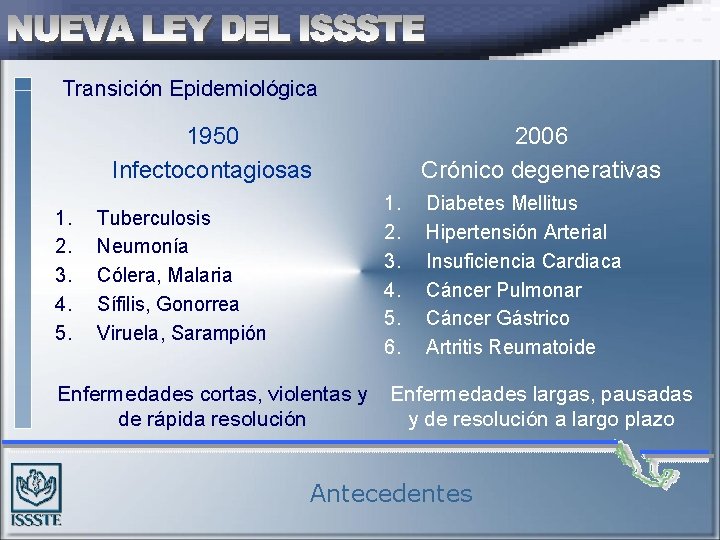 Transición Epidemiológica 1950 Infectocontagiosas 1. 2. 3. 4. 5. 2006 Crónico degenerativas 1. 2.