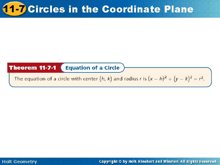 11 -7 Circles in the Coordinate Plane Holt Geometry 