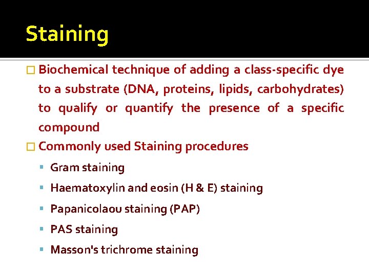 Staining � Biochemical technique of adding a class-specific dye to a substrate (DNA, proteins,