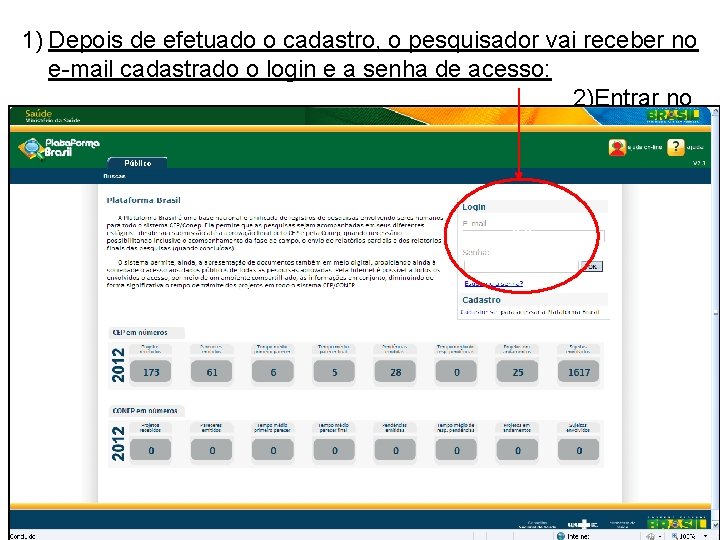 1) Depois de efetuado o cadastro, o pesquisador vai receber no e-mail cadastrado o