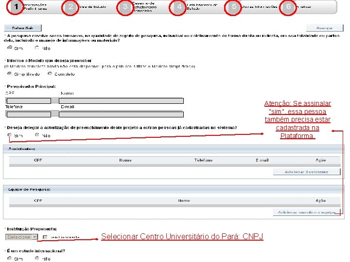 Atenção: Se assinalar “sim”, essa pessoa também precisa estar cadastrada na Plataforma. Selecionar Centro