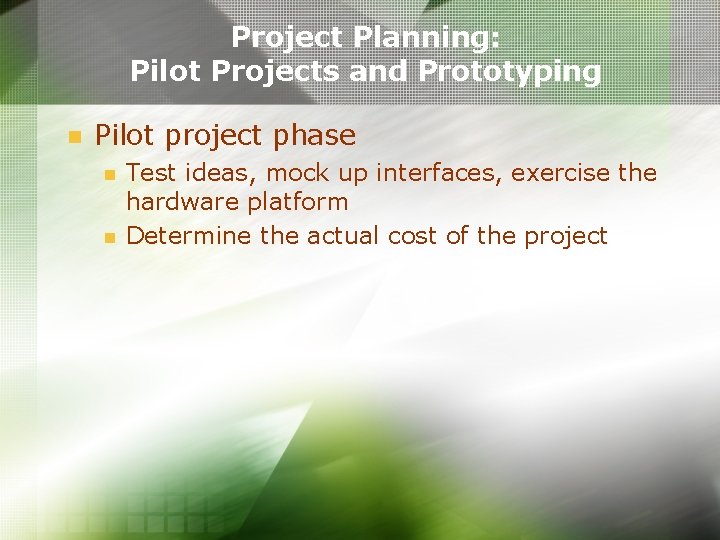 Project Planning: Pilot Projects and Prototyping n Pilot project phase n n Test ideas, Project Planning: Pilot Projects and Prototyping n Pilot project phase n n Test ideas,