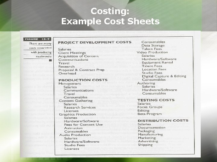 Costing: Example Cost Sheets Costing: Example Cost Sheets