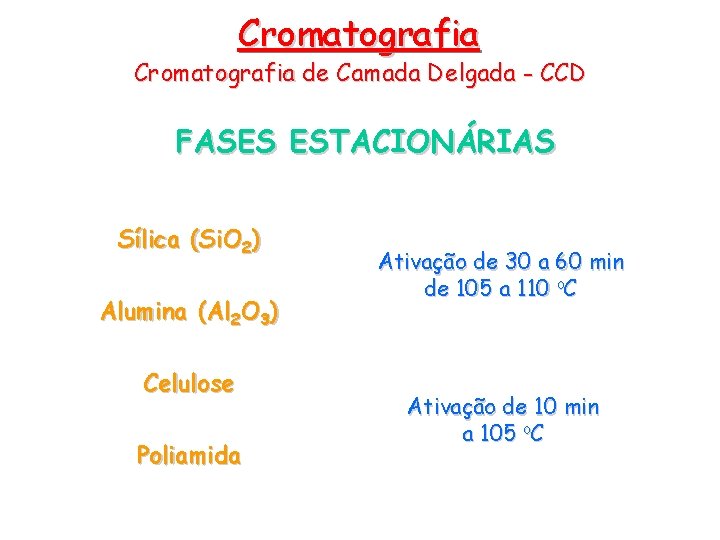Cromatografia de Camada Delgada - CCD FASES ESTACIONÁRIAS Sílica (Si. O 2) Alumina (Al