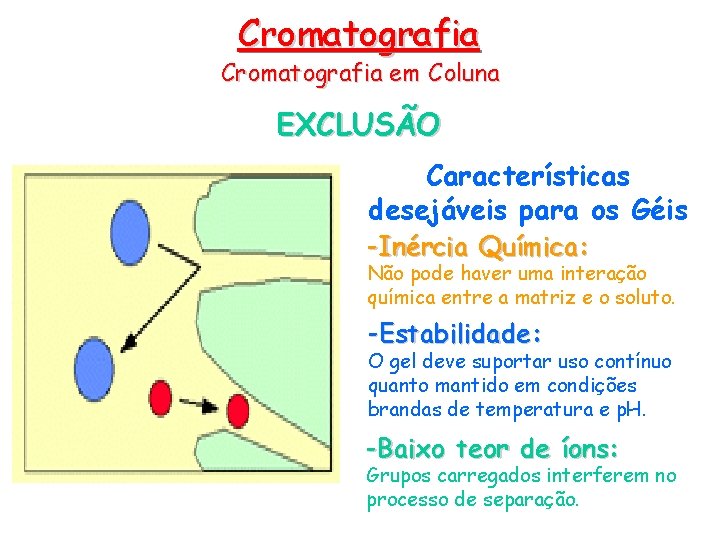 Cromatografia em Coluna EXCLUSÃO Características desejáveis para os Géis -Inércia Química: Não pode haver