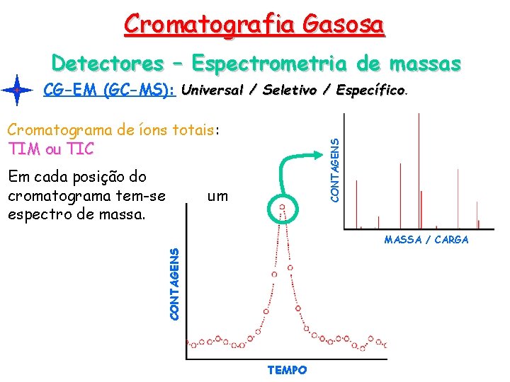 Cromatografia Gasosa Detectores – Espectrometria de massas CG-EM (GC-MS): Universal / Seletivo / Específico