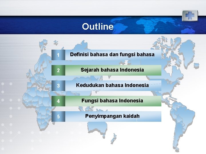 Outline 1 Definisi bahasa dan fungsi bahasa 2 Sejarah bahasa Indonesia 3 Kedudukan bahasa