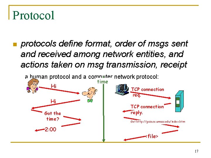 Protocol n protocols define format, order of msgs sent and received among network entities,