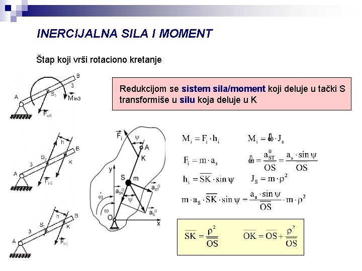 INERCIJALNA SILA I MOMENT Štap koji vrši rotaciono kretanje Min 3 Redukcijom se sistem