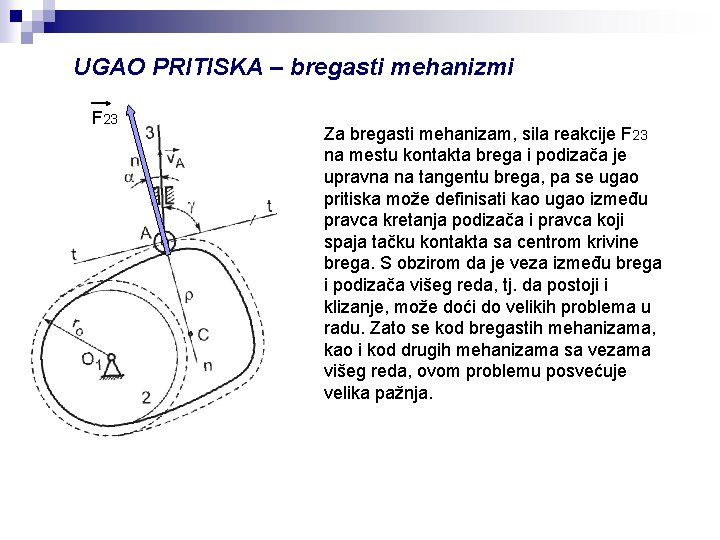 UGAO PRITISKA – bregasti mehanizmi F 23 Za bregasti mehanizam, sila reakcije F 23