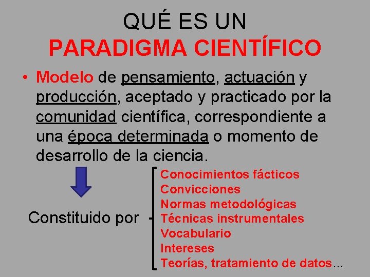 QUÉ ES UN PARADIGMA CIENTÍFICO • Modelo de pensamiento, actuación y producción, aceptado y